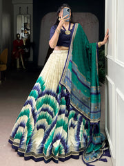 Stunning Blue Digital Printed Silk Festive Wear Lehenga Choli