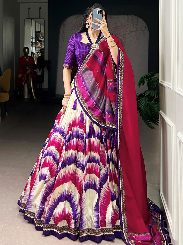 Stylish Purple And Pink Digital Printed Silk Wedding Wear Lehenga Choli