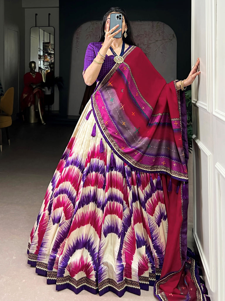 Stylish Purple And Pink Digital Printed Silk Wedding Wear Lehenga Choli