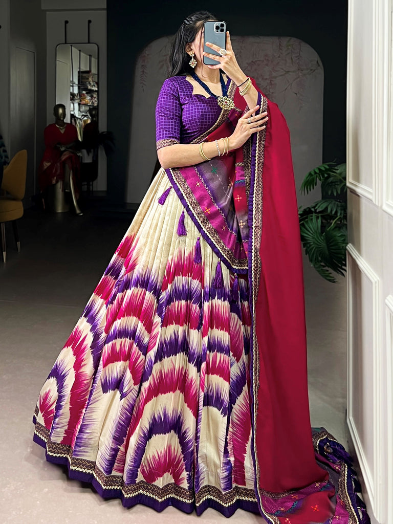 Stylish Purple And Pink Digital Printed Silk Wedding Wear Lehenga Choli