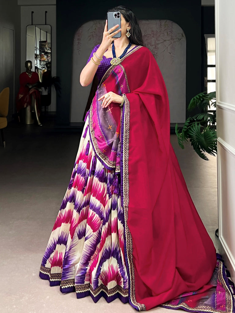 Stylish Purple And Pink Digital Printed Silk Wedding Wear Lehenga Choli