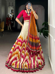 Pretty Pink And Mustard Digital Printed Silk Wedding Wear Lehenga Choli