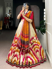 Pretty Pink And Mustard Digital Printed Silk Wedding Wear Lehenga Choli