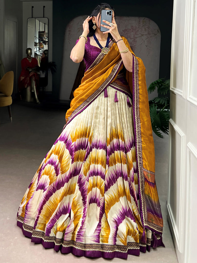 Lovely Wine And Yellow Digital Printed Silk Festive Wear Lehenga Choli
