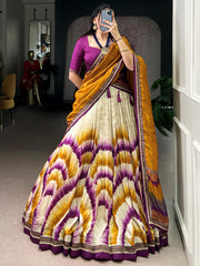 Lovely Wine And Yellow Digital Printed Silk Festive Wear Lehenga Choli