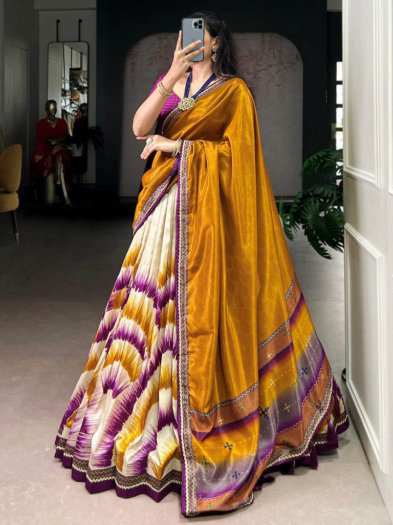 Lovely Wine And Yellow Digital Printed Silk Festive Wear Lehenga Choli