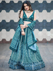 Charming Teal Blue Digital Printed Silk Festive Lehenga Choli