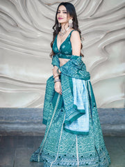 Charming Teal Blue Digital Printed Silk Festive Lehenga Choli