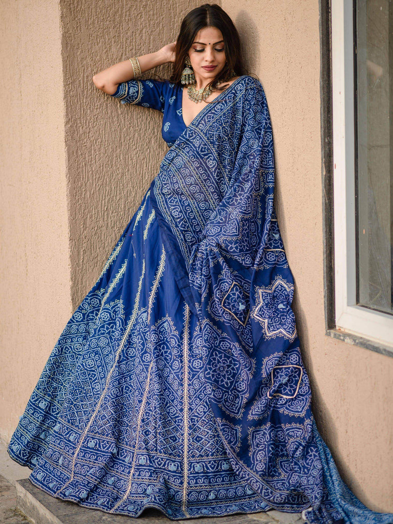 Fascinating Navy Blue Digital Printed Silk Festive Lehenga Choli