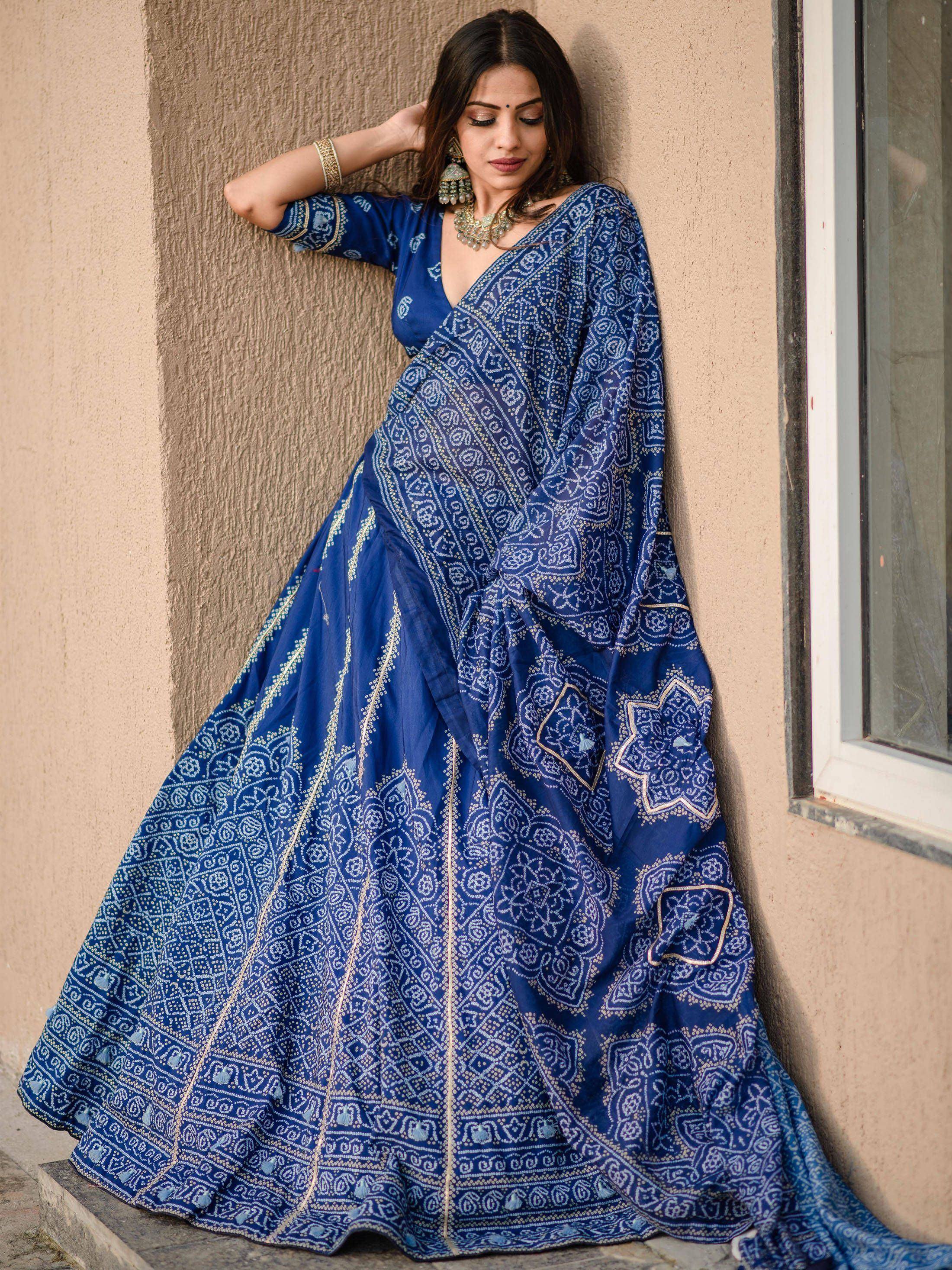 Blue printed lehenga choli with intricate patterns, perfect for Indian ethnic wear occasions