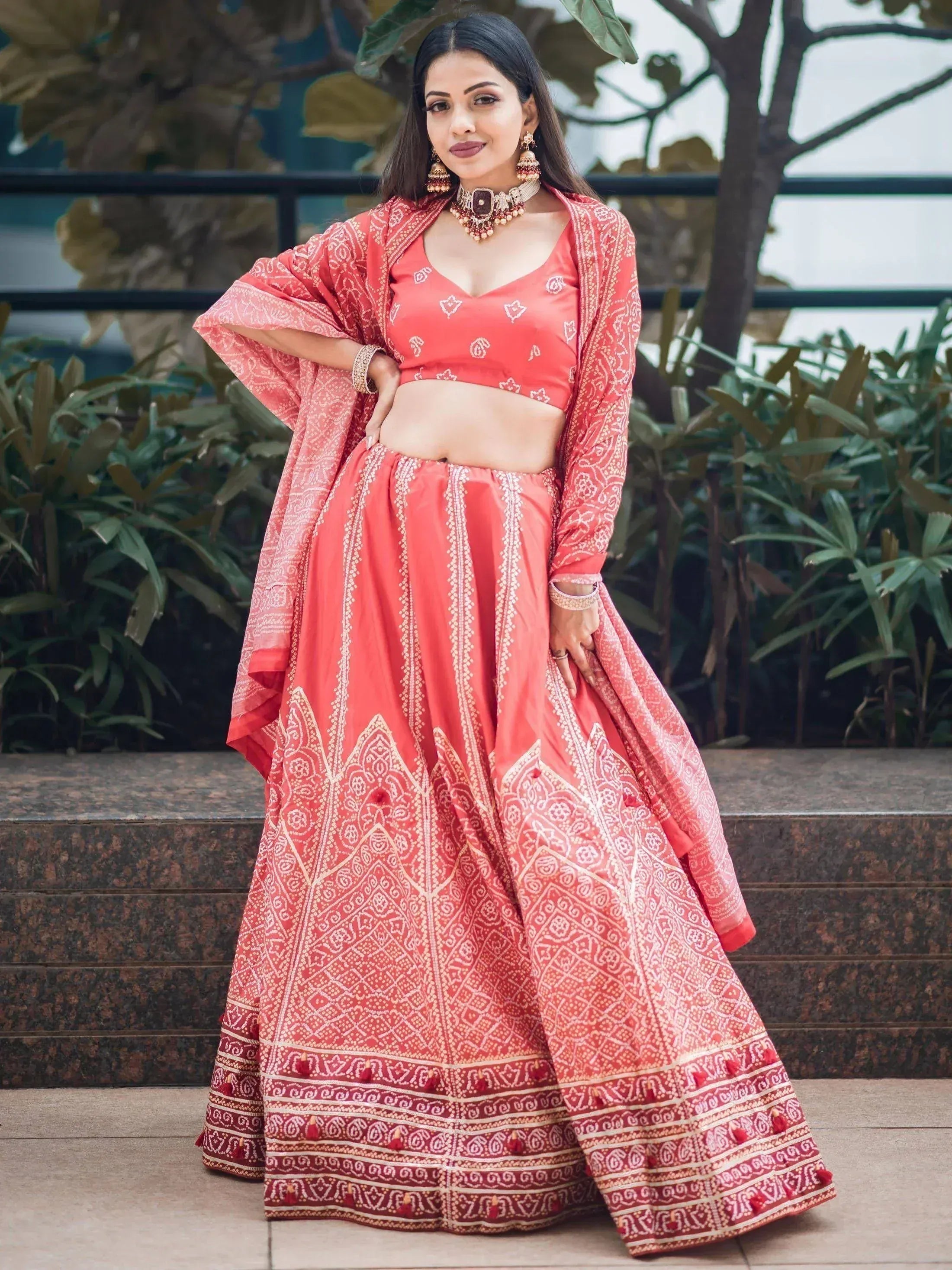 Coral printed lehenga choli with dupatta, ethnic Indian wear for women