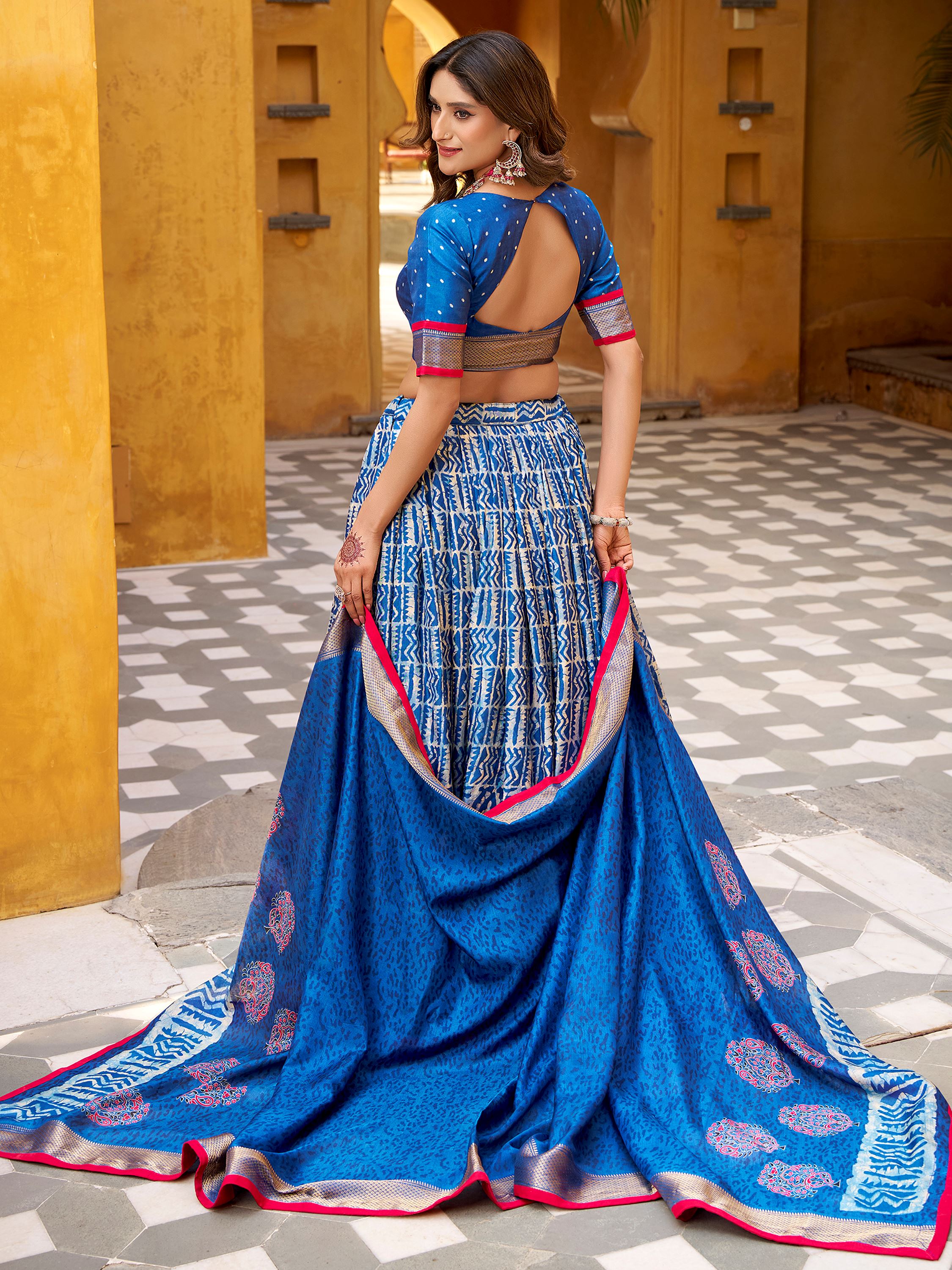 Outstanding Blue Printed Dola Silk Wedding Lehenga Choli