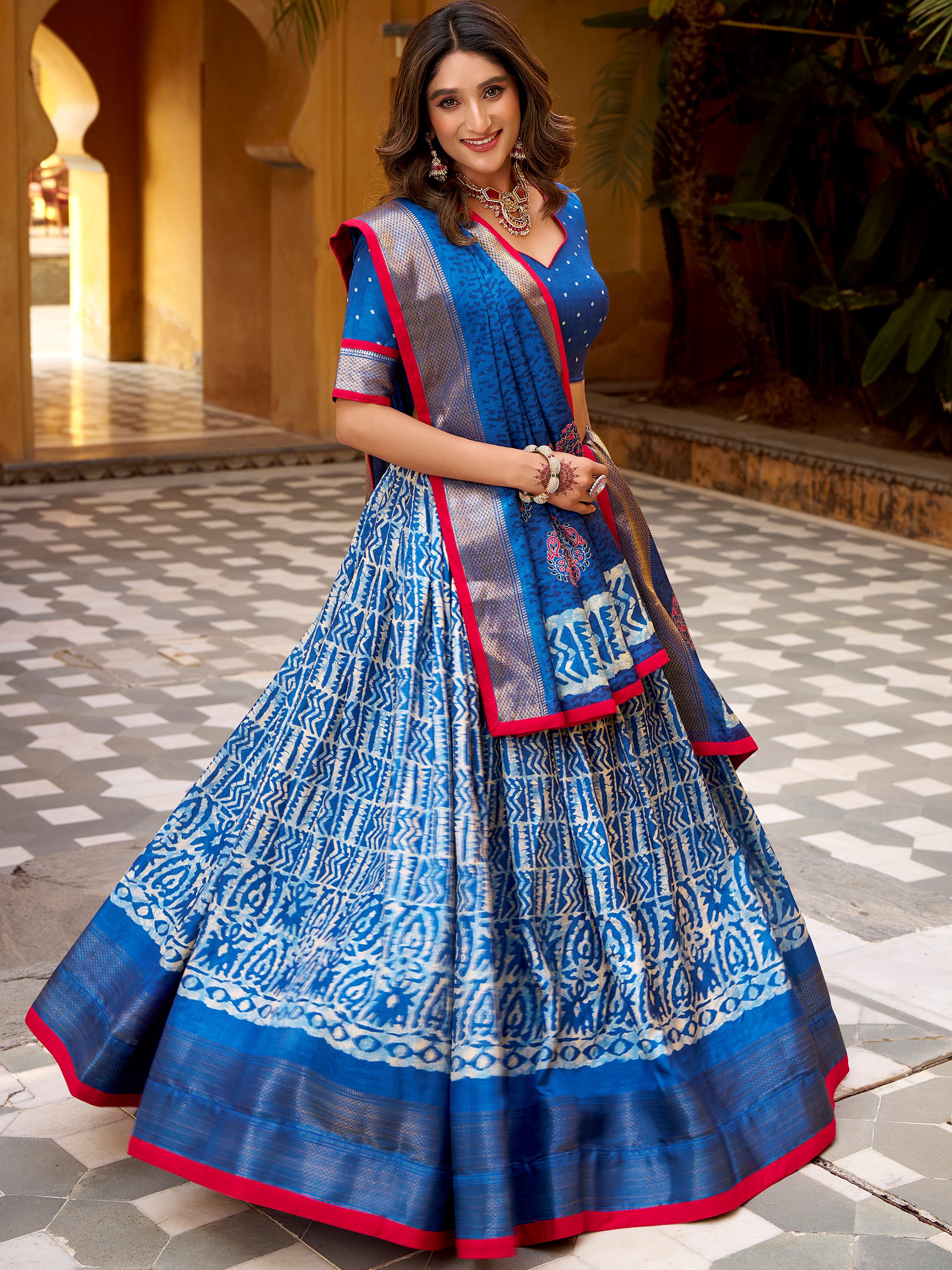 Outstanding Blue Printed Dola Silk Wedding Lehenga Choli