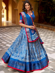 Outstanding Blue Printed Dola Silk Wedding Lehenga Choli