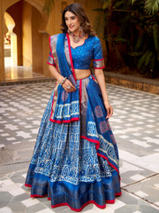 Outstanding Blue Printed Dola Silk Wedding Lehenga Choli
