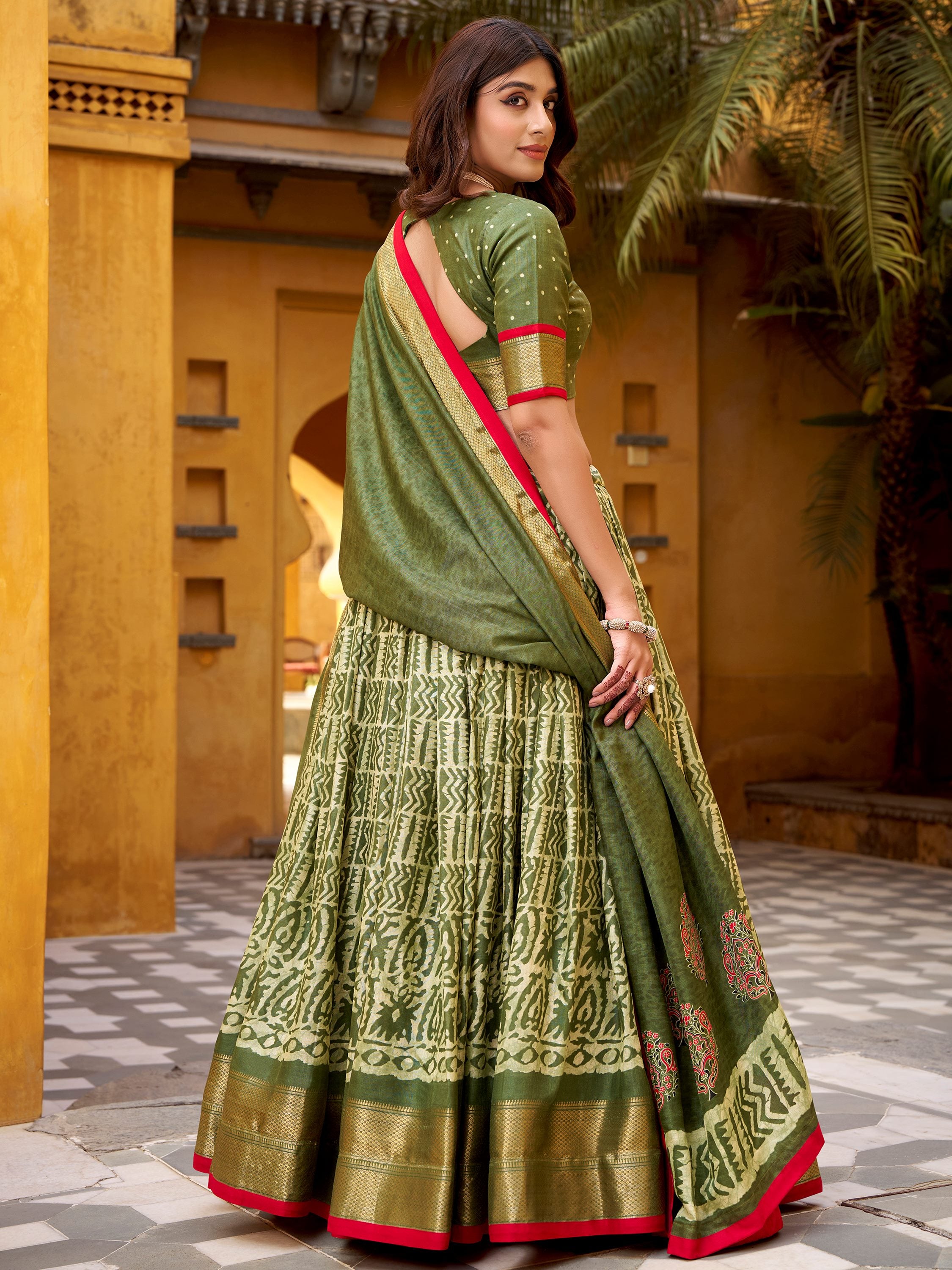 Precious Green Printed Dola Silk Festive Wear Lehenga Choli