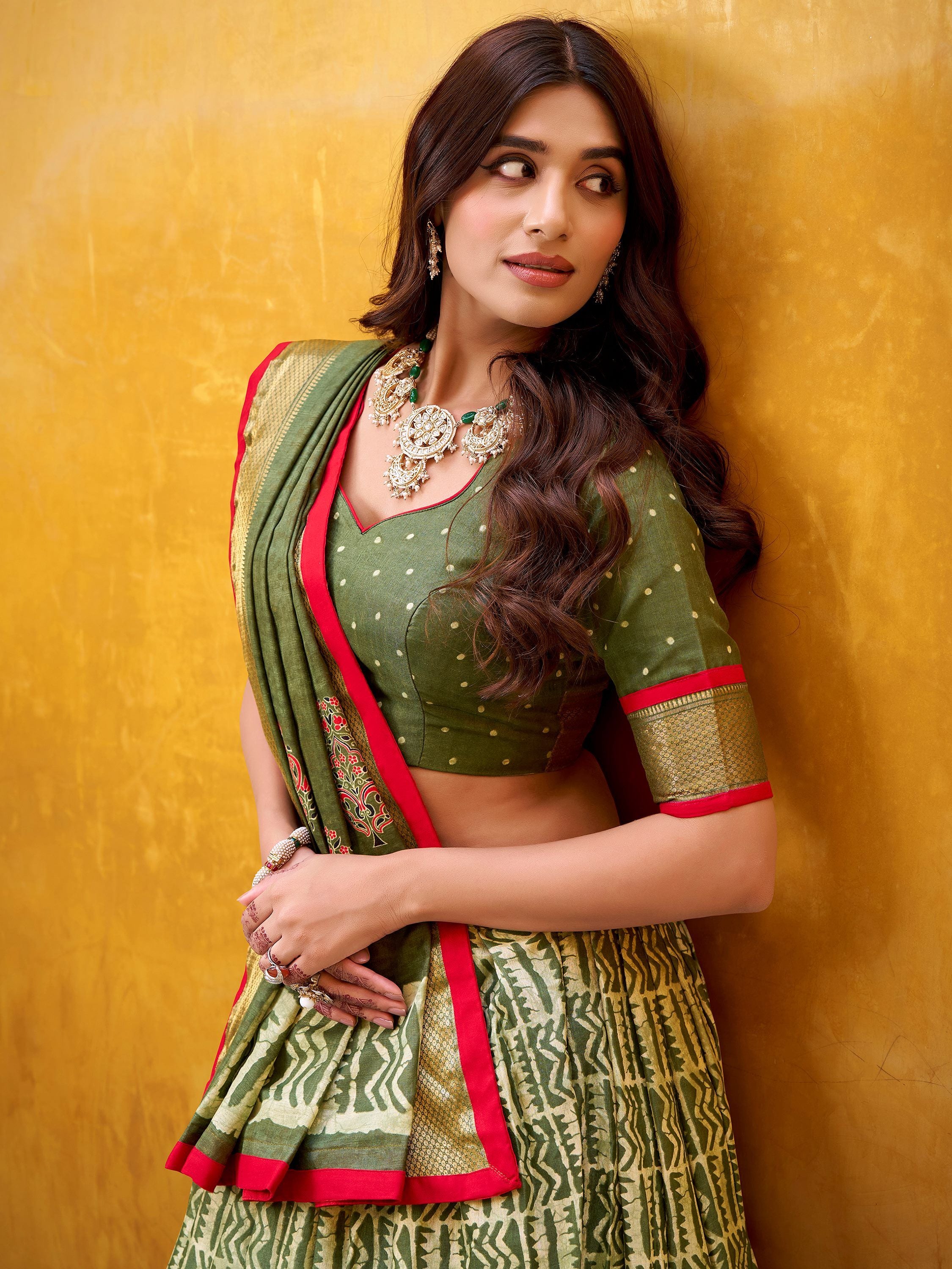 Precious Green Printed Dola Silk Festive Wear Lehenga Choli