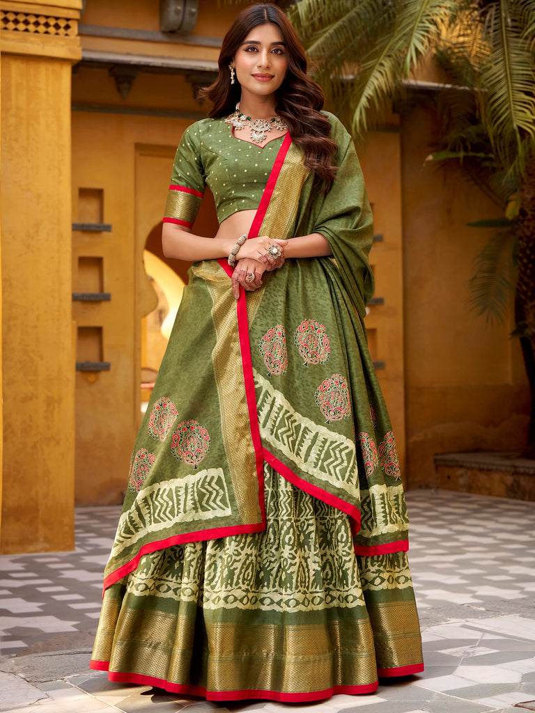 Precious Green Printed Dola Silk Festive Wear Lehenga Choli