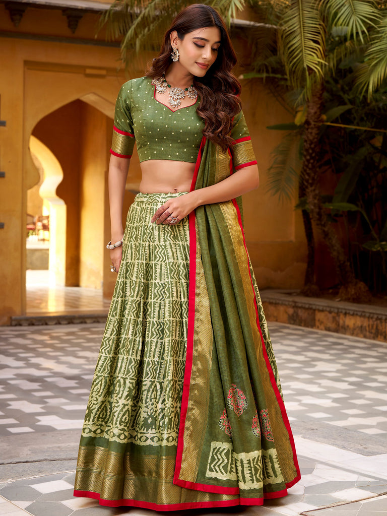 Precious Green Printed Dola Silk Festive Wear Lehenga Choli