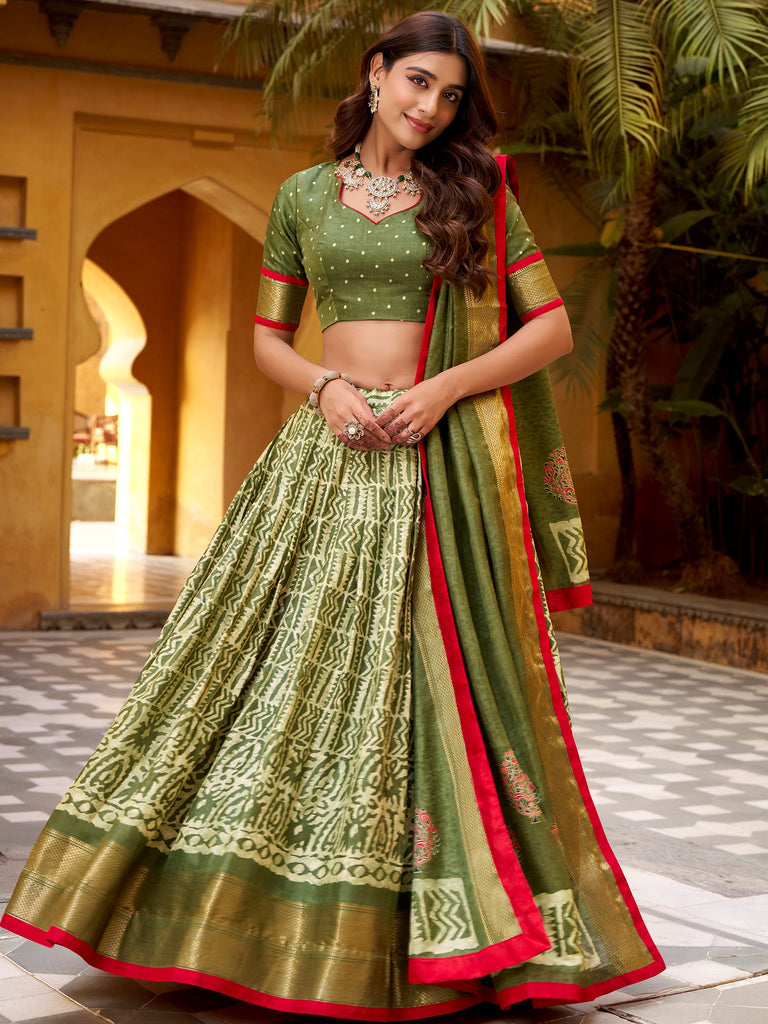 Precious Green Printed Dola Silk Festive Wear Lehenga Choli