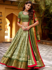Precious Green Printed Dola Silk Festive Wear Lehenga Choli
