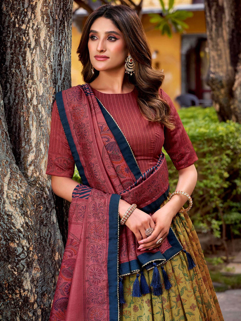 Attractive Yellow Digital Printed Silk Wedding Wear Lehenga Choli