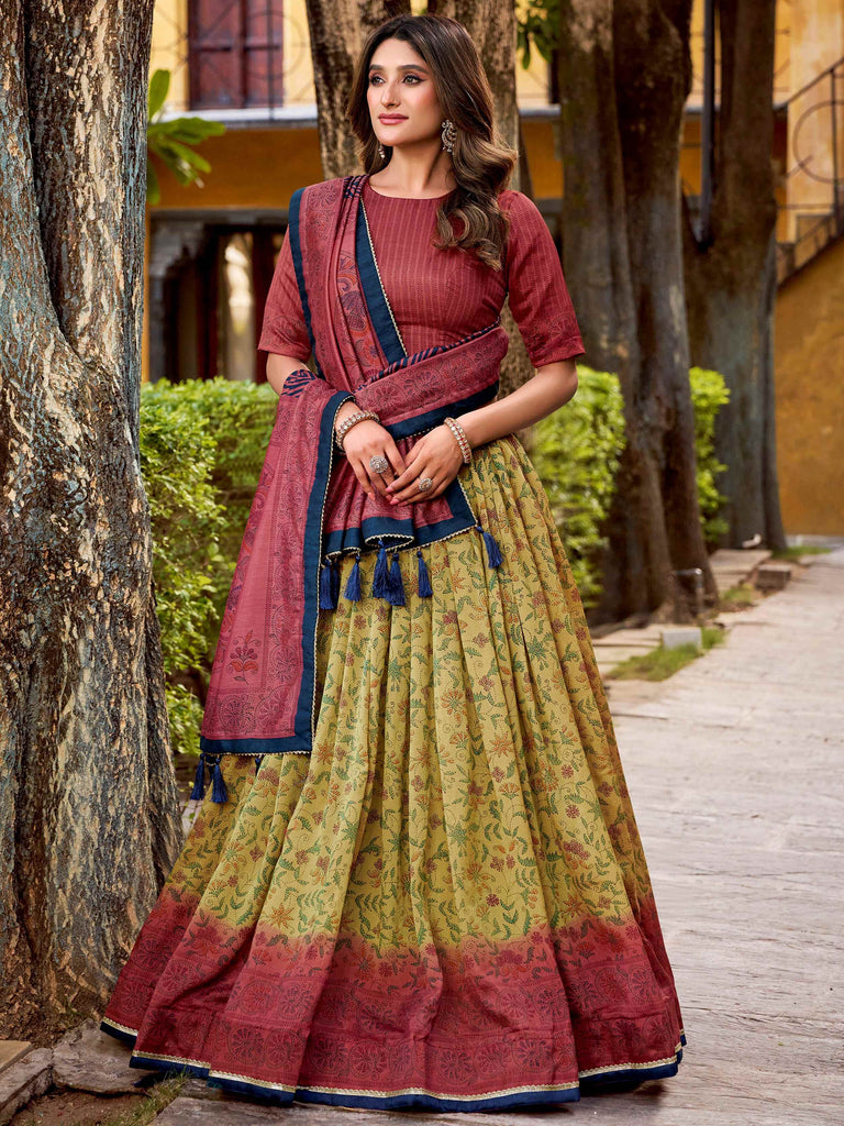 Attractive Yellow Digital Printed Silk Wedding Wear Lehenga Choli