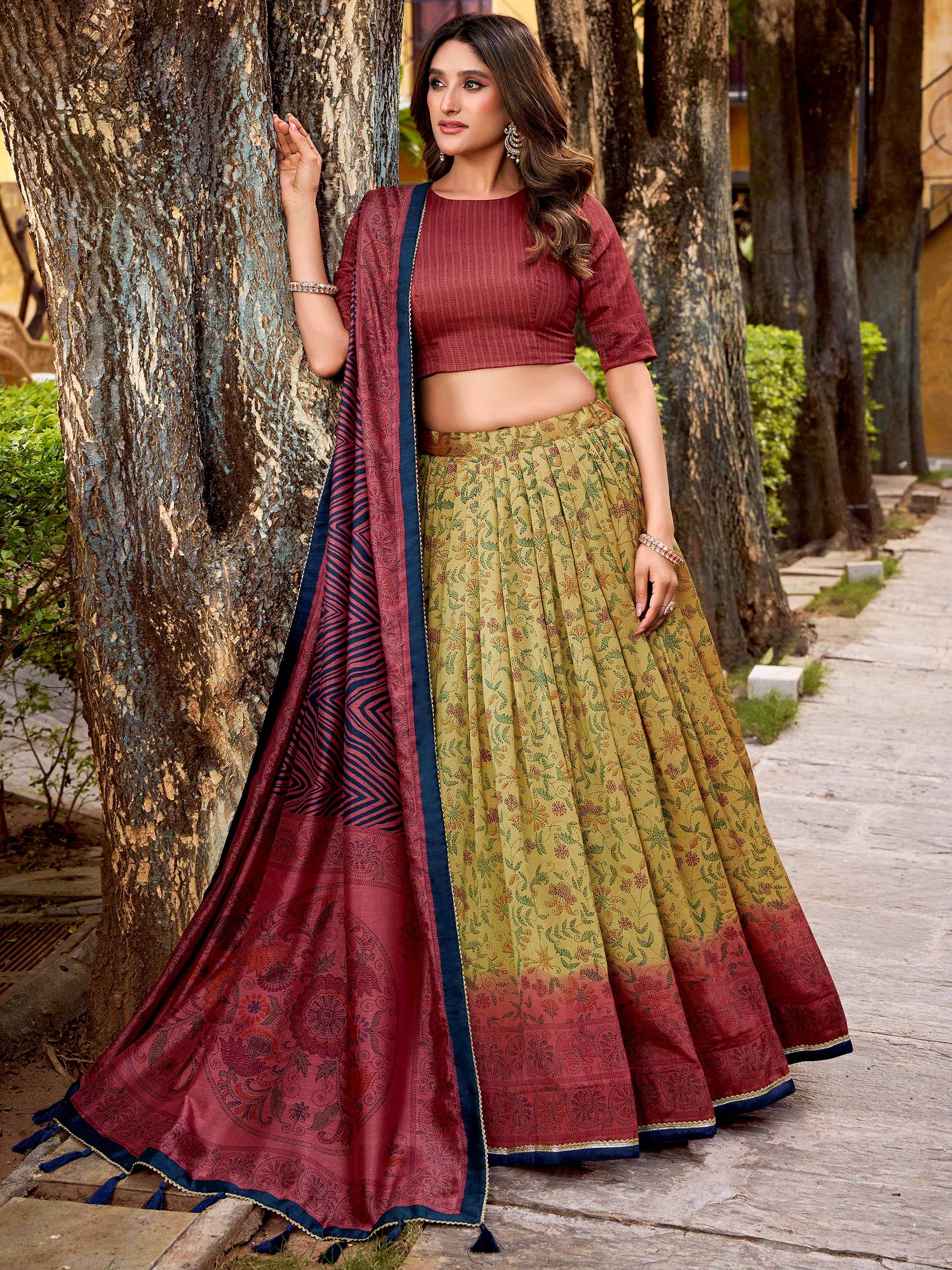 Attractive Yellow Digital Printed Silk Wedding Wear Lehenga Choli