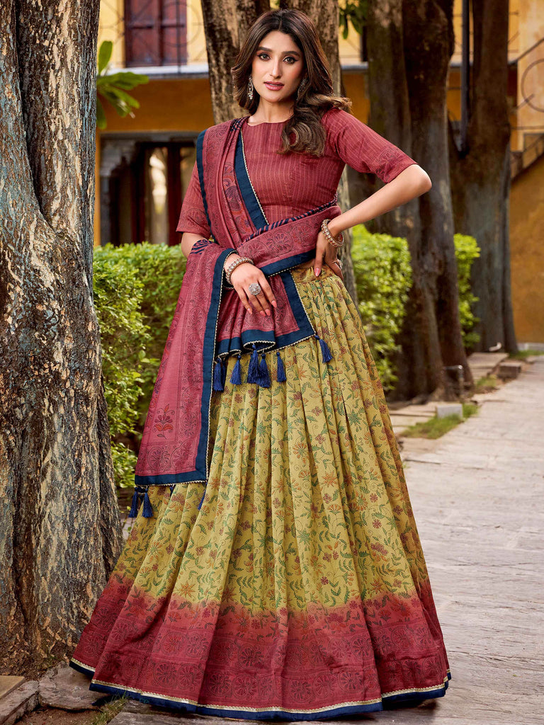 Attractive Yellow Digital Printed Silk Wedding Wear Lehenga Choli