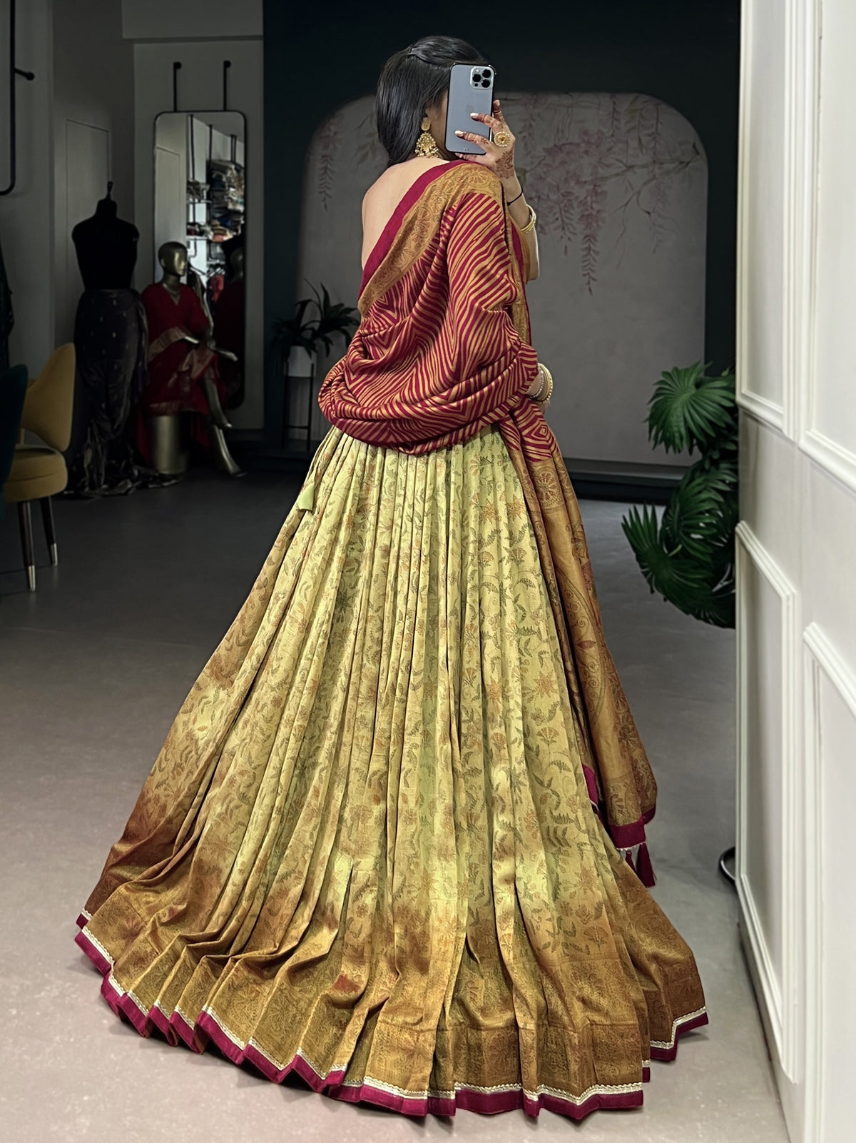 Awesome Golden Printed Silk Event Wear Lehenga Choli With Dupatta