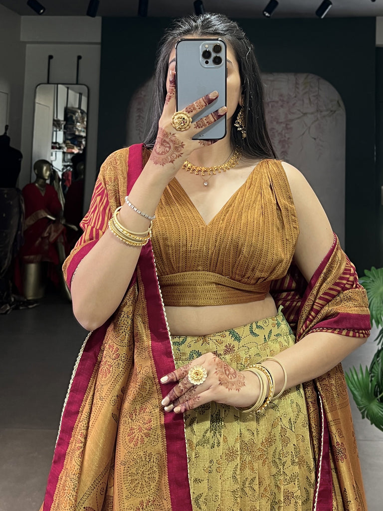 Awesome Golden Printed Silk Event Wear Lehenga Choli With Dupatta