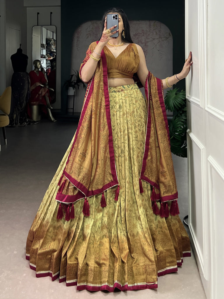 Awesome Golden Printed Silk Event Wear Lehenga Choli With Dupatta
