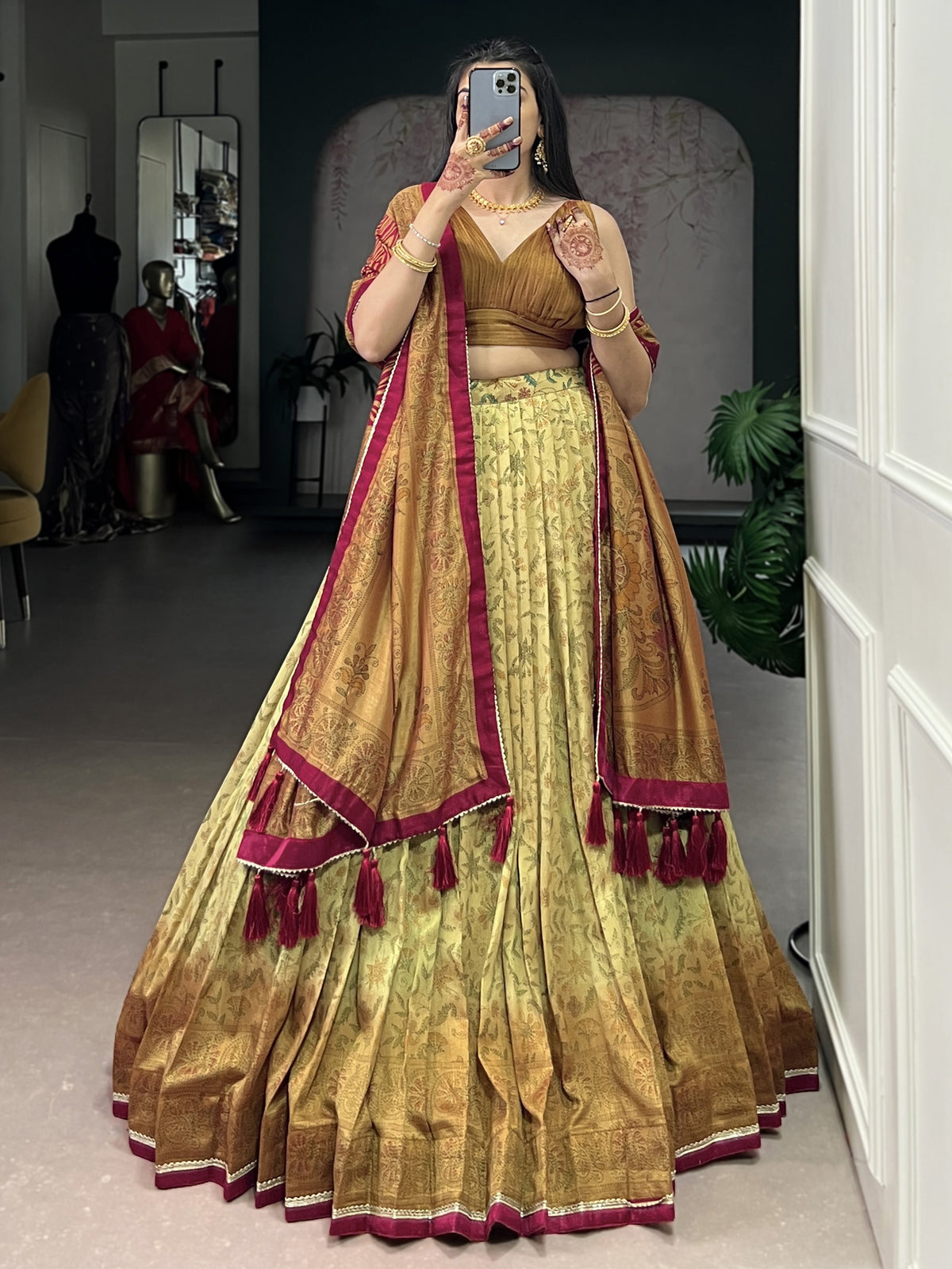 Awesome Golden Printed Silk Event Wear Lehenga Choli With Dupatta
