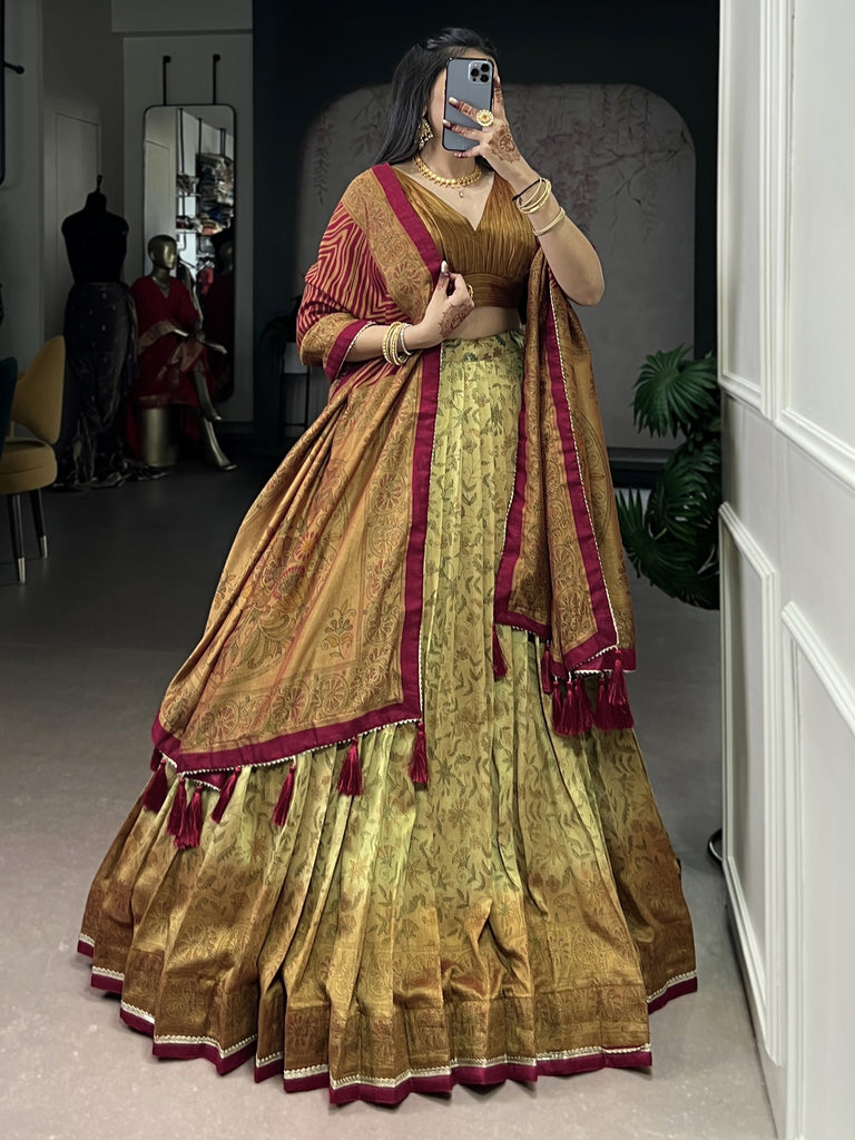 Awesome Golden Printed Silk Event Wear Lehenga Choli With Dupatta