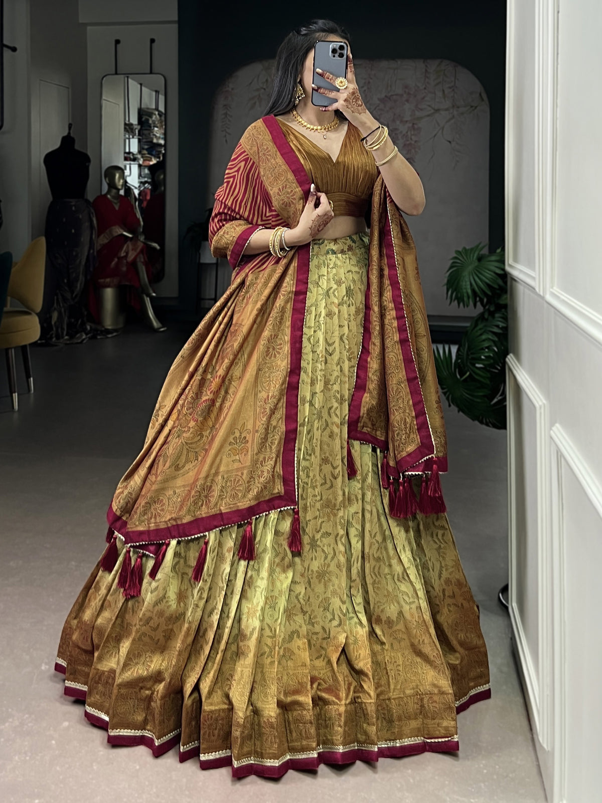 Awesome Golden Printed Silk Event Wear Lehenga Choli With Dupatta