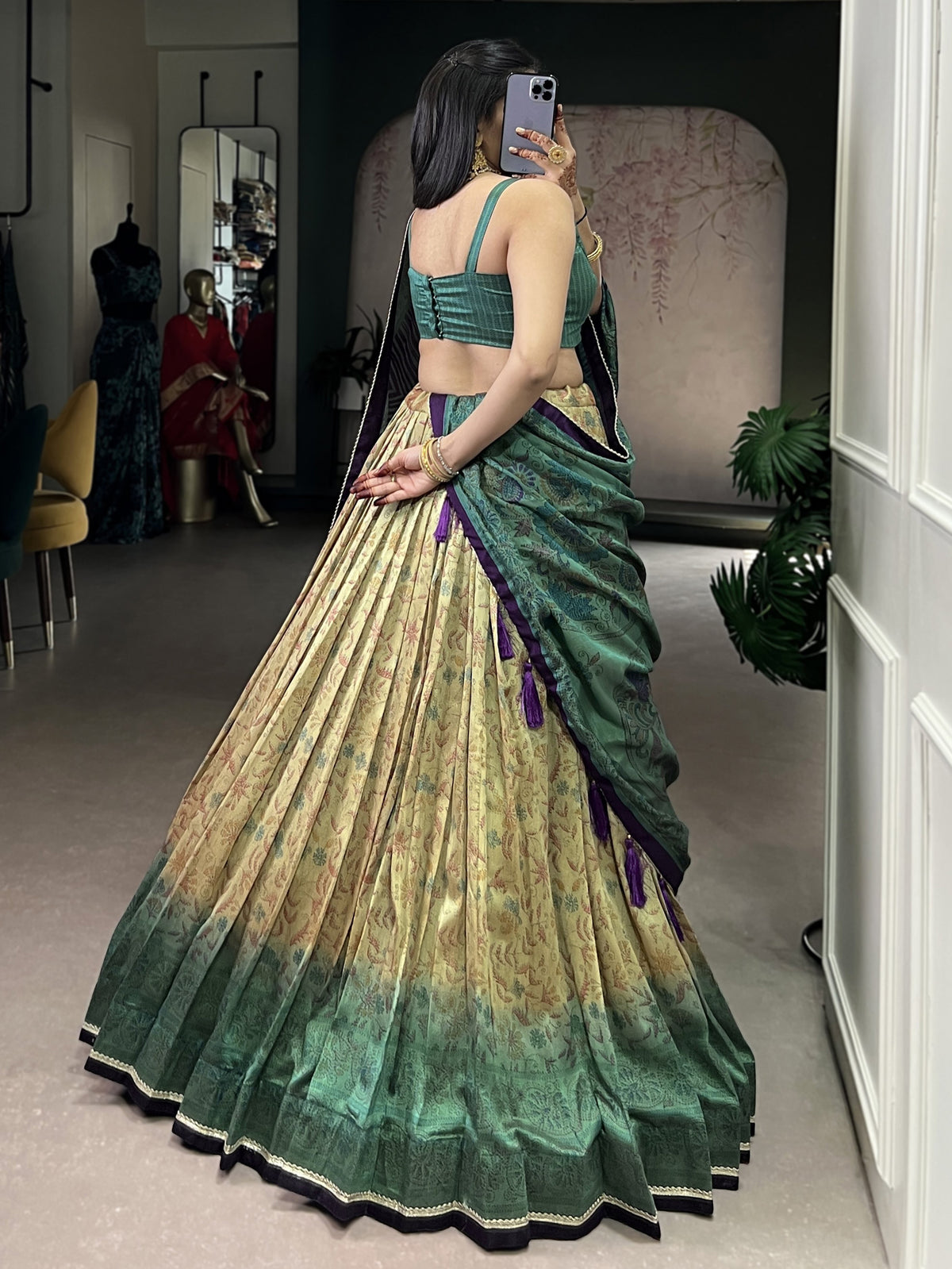 Fascinating Teal Green Printed Silk Mehendi Wear Lehenga With Blouse