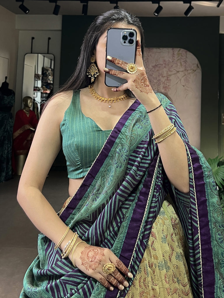 Fascinating Teal Green Printed Silk Mehendi Wear Lehenga With Blouse