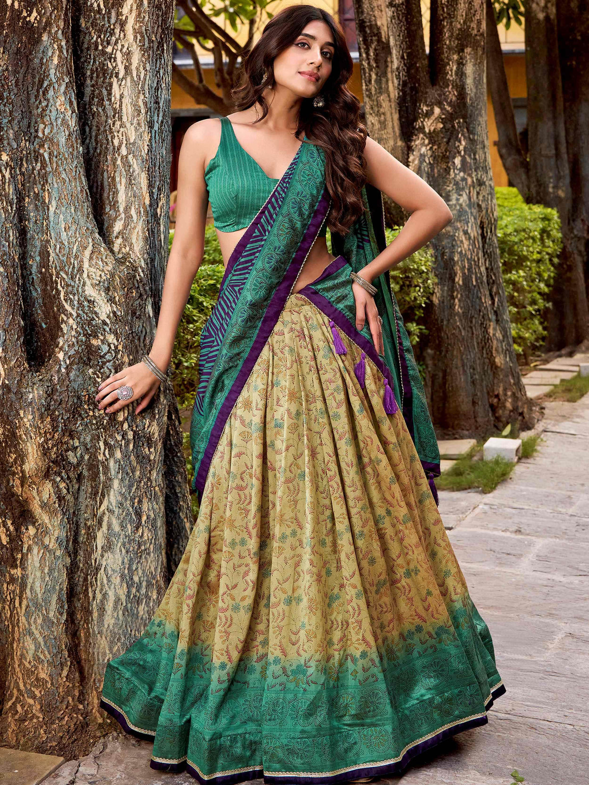 Gorgeous Green Digital Printed Silk Bridesmaid Lehenga Choli
