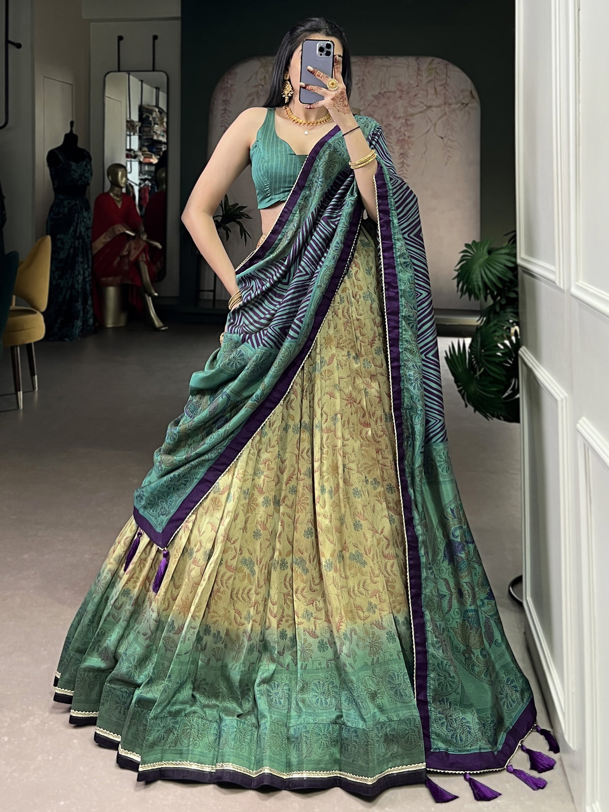 Fascinating Teal Green Printed Silk Mehendi Wear Lehenga With Blouse