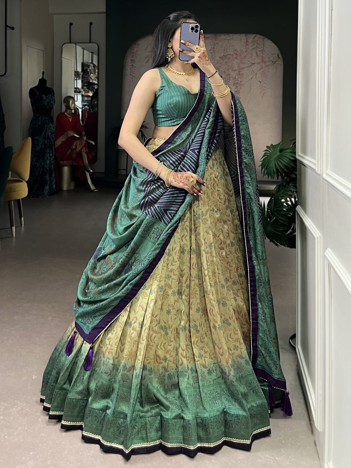 Fascinating Teal Green Printed Silk Mehendi Wear Lehenga With Blouse