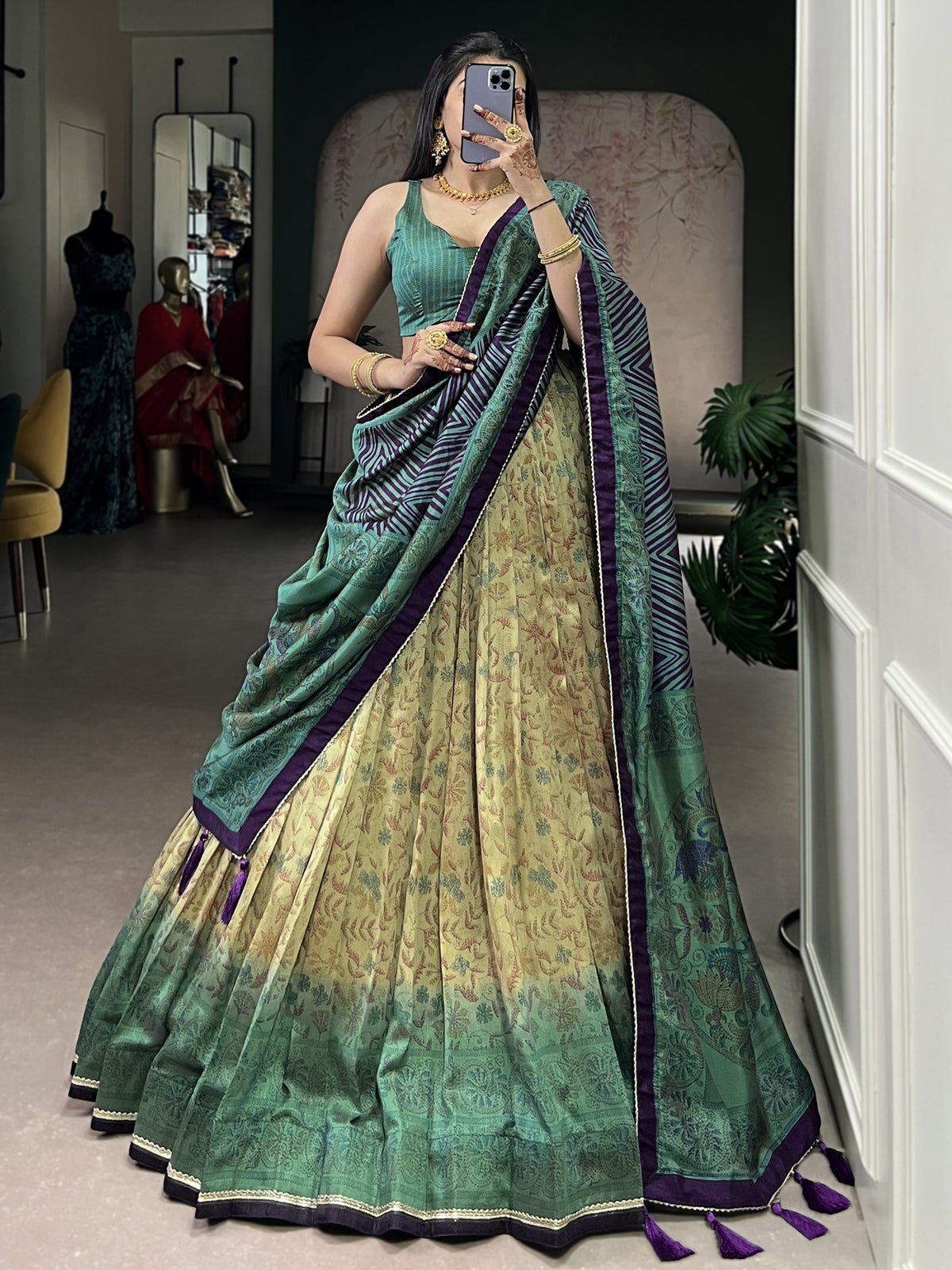 Fascinating Teal Green Printed Silk Mehendi Wear Lehenga With Blouse