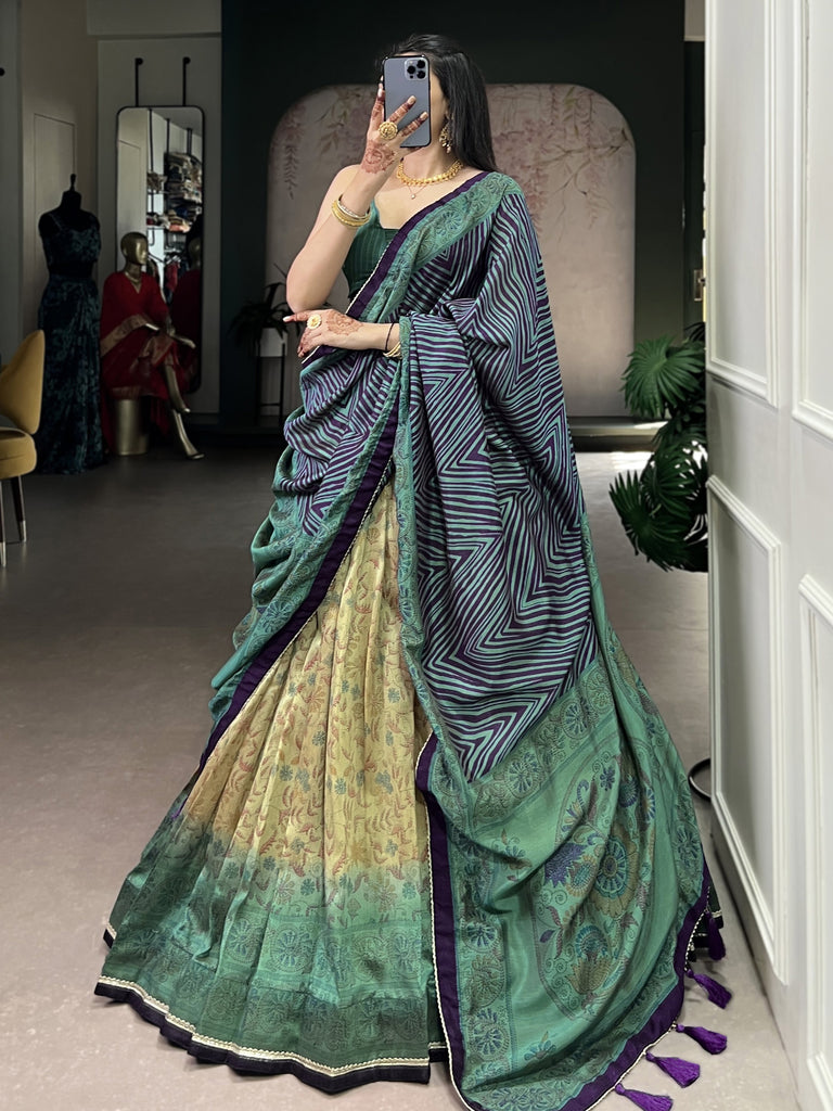 Fascinating Teal Green Printed Silk Mehendi Wear Lehenga With Blouse