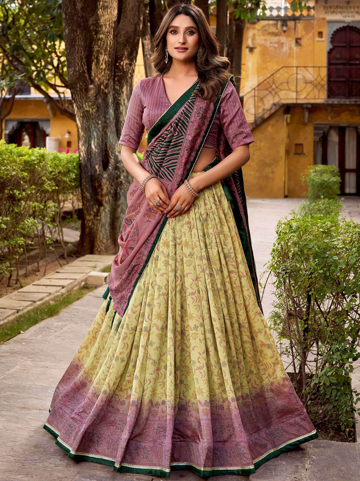 Glamorous Green Digital Printed Silk Function Wear Lehenga Choli