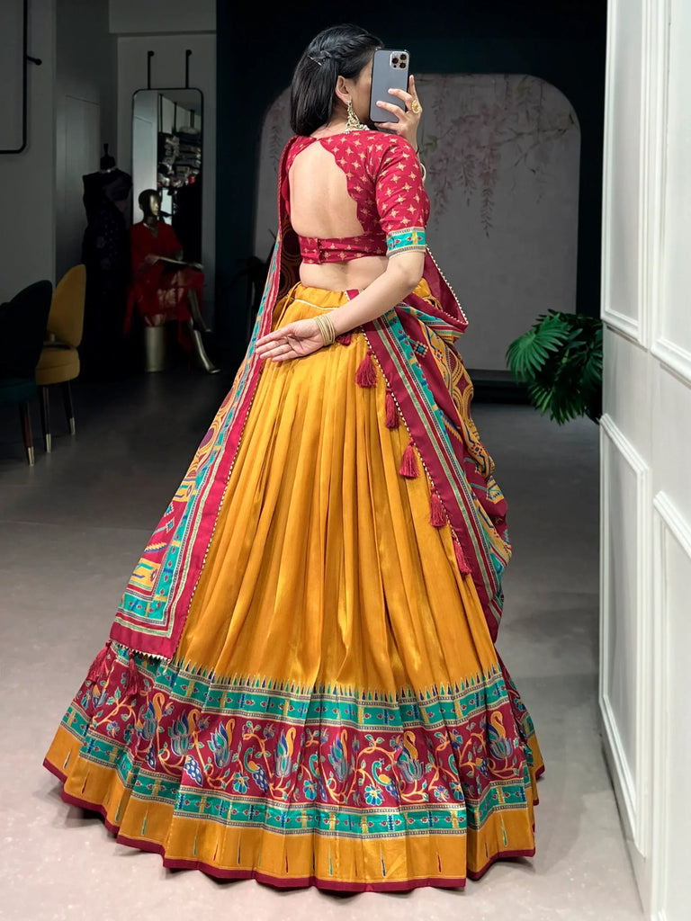 Excellent Mustard Yellow Printed Silk Haldi Wear Lehenga Choli