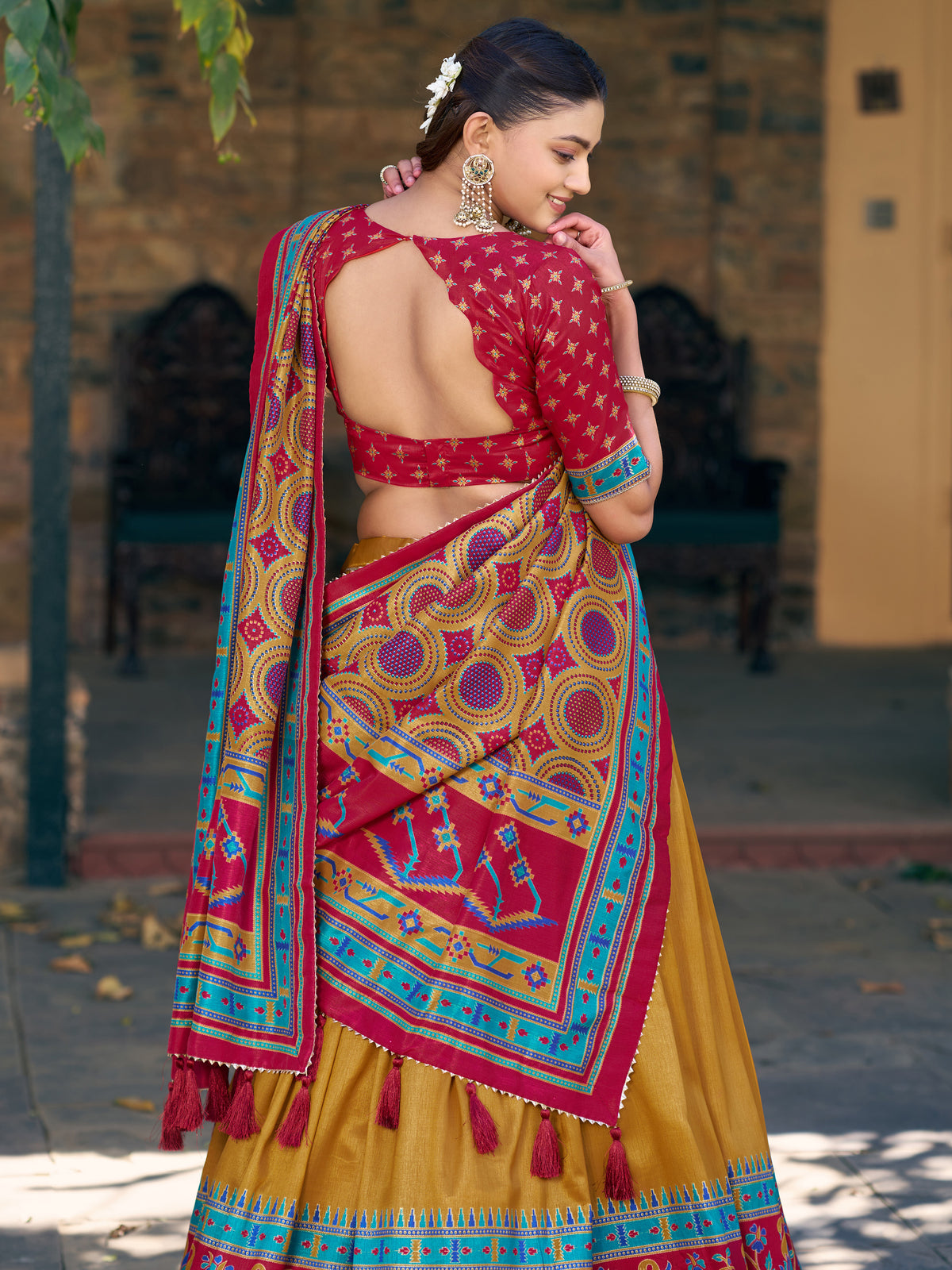 Chic Mustard Yellow Printed Silk Haldi Wear Lehenga Choli With Dupatta