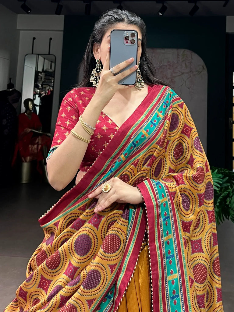 Excellent Mustard Yellow Printed Silk Haldi Wear Lehenga Choli