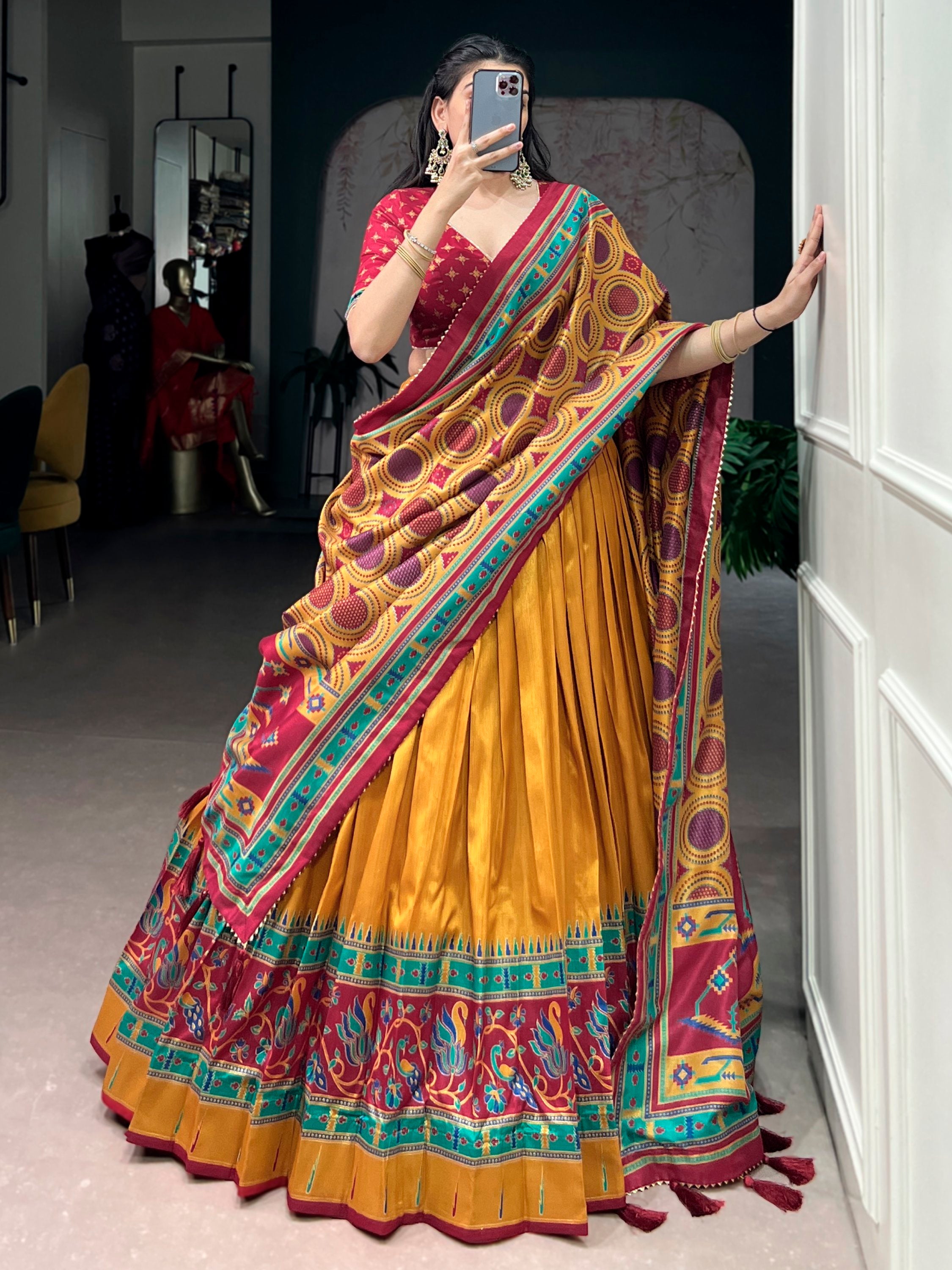 Excellent Mustard Yellow Printed Silk Haldi Wear Lehenga Choli