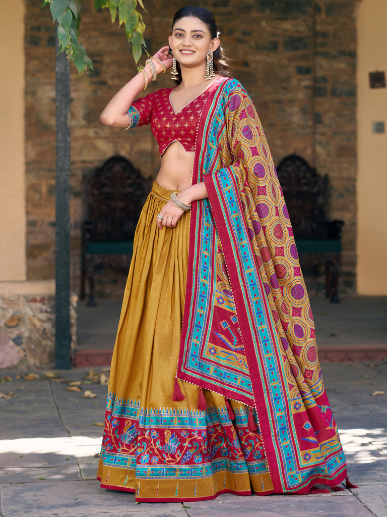Chic Mustard Yellow Printed Silk Haldi Wear Lehenga Choli With Dupatta