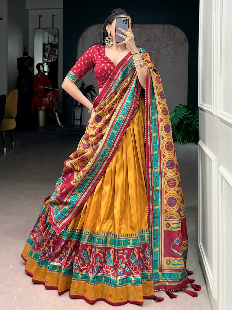 Excellent Mustard Yellow Printed Silk Haldi Wear Lehenga Choli