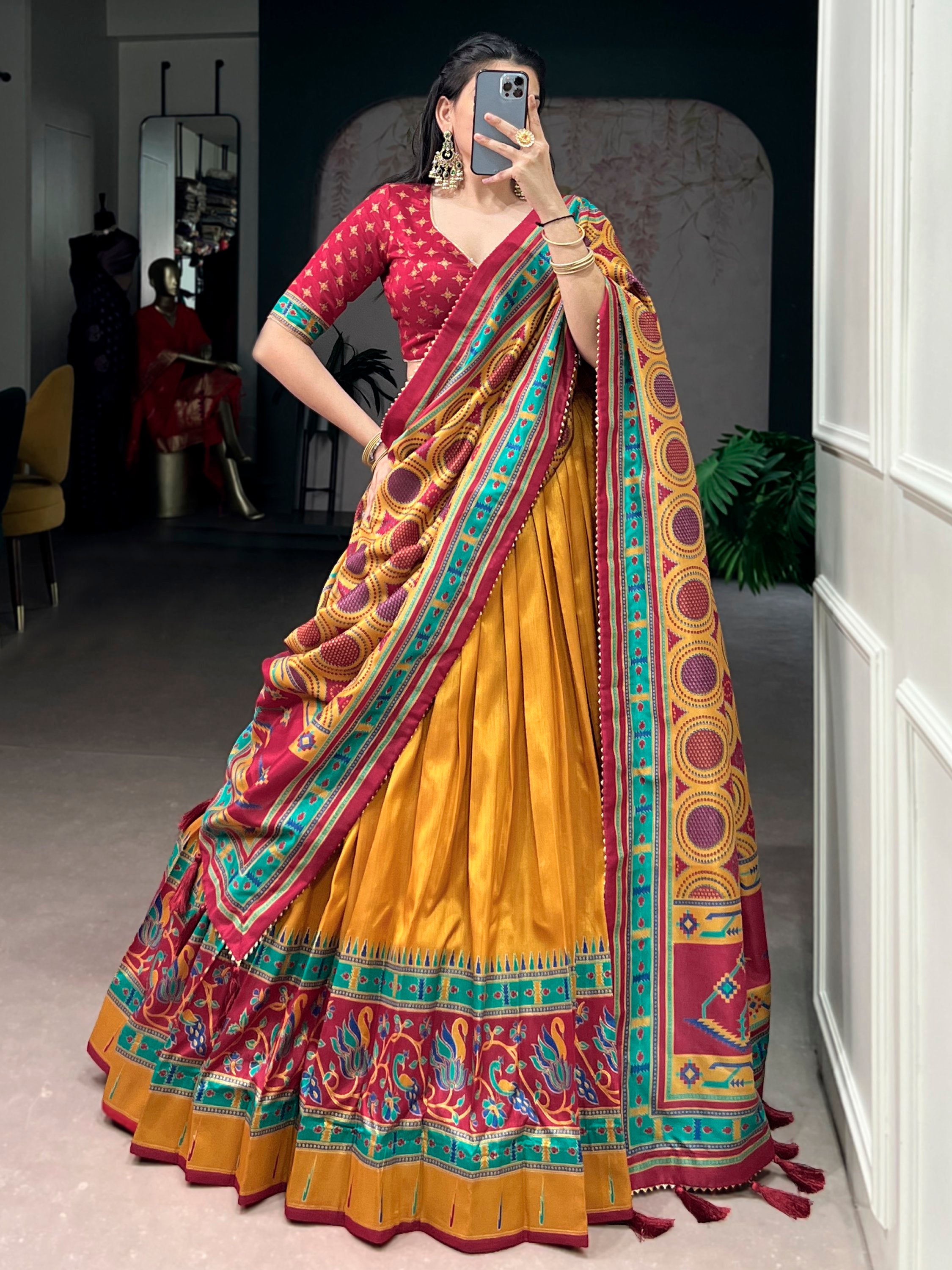 Excellent Mustard Yellow Printed Silk Haldi Wear Lehenga Choli